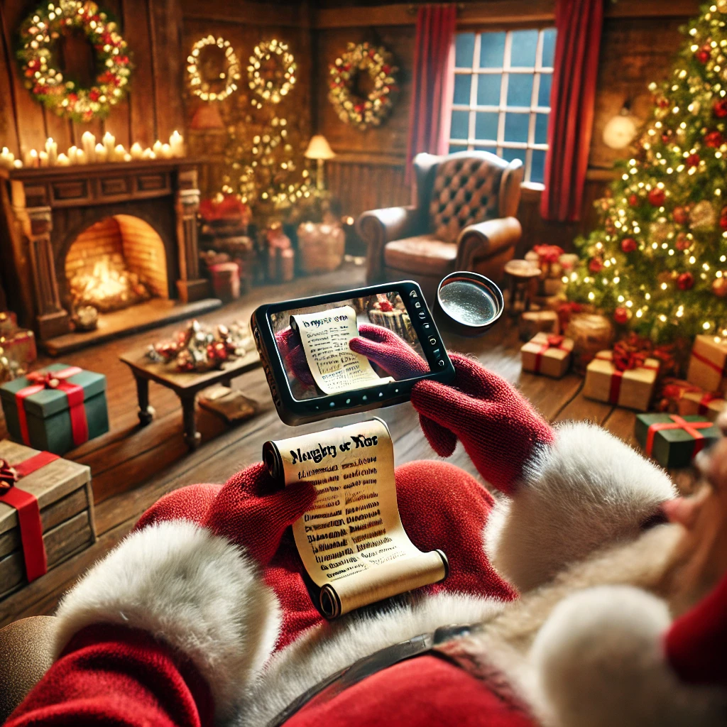 Santa Claus using a hand-held magnifier to look at his naughty or nice list.
