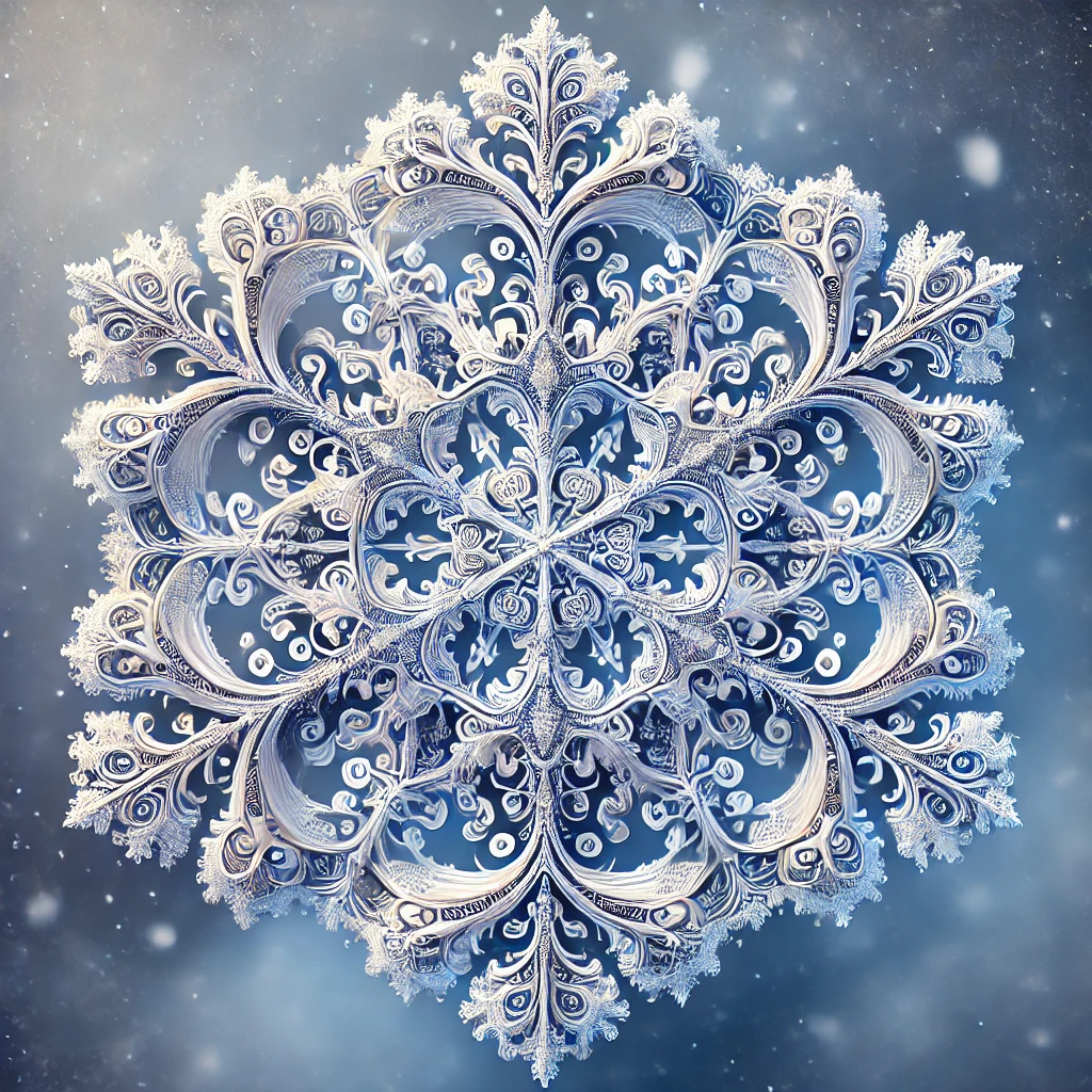 A very unique snowflake, on a blue background.