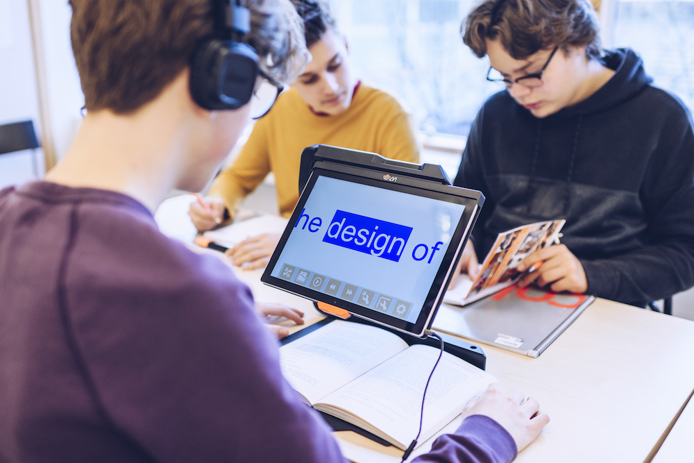 A student utilizing the LVI Tab in a classroom setting.